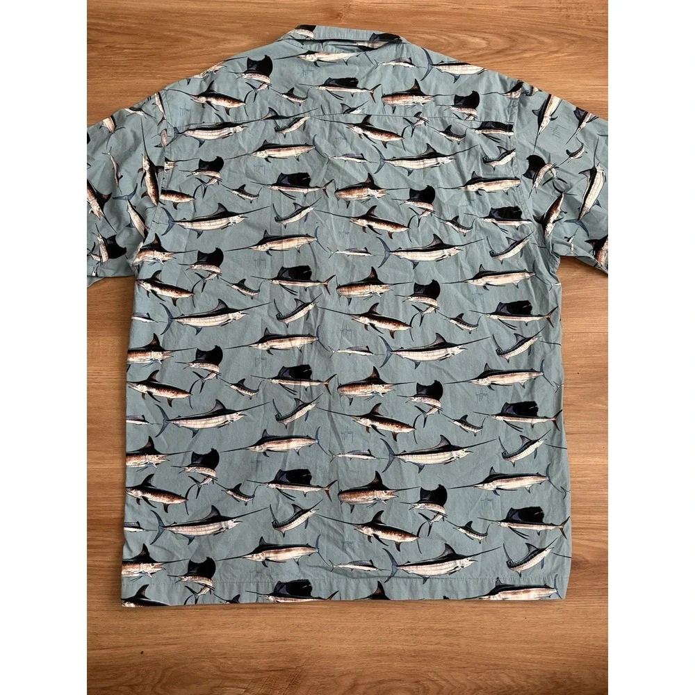 AFTCO‎ Guy Harvey Tropical Fish Print Button Up Short Sleeve Shirt Men's LG Blue